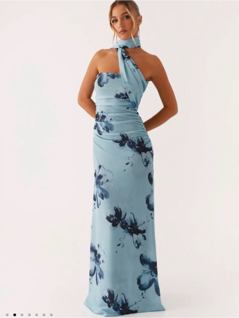 Peppermayo Light Blue One-Shoulder Floral Gown with Navy Accents